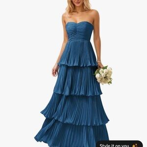 Strapless Tiered Pleated Maxi Dress in Teal Blue